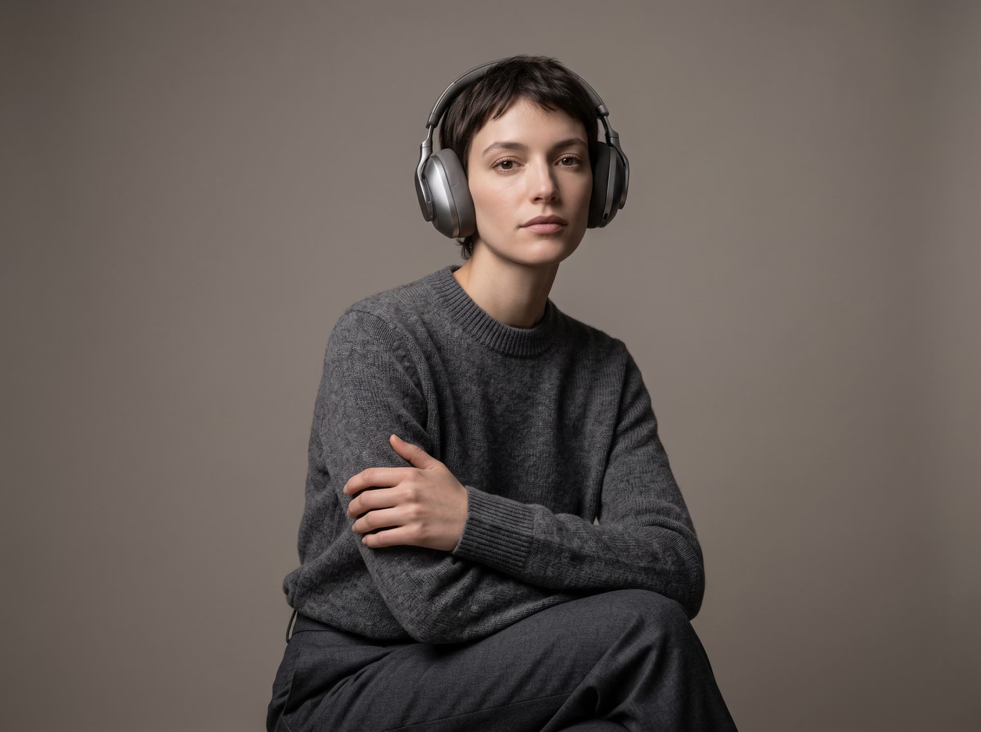Seated studio portrait wearing AERA ONE in silver